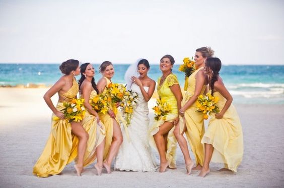 Yellow and White Beach Wedding Color Combos 2024, Yellow Bridesmaid Dresses, White Bridal Gown