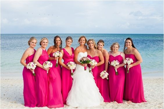Fuchsia and White Beach Wedding Color Combos 2024, Fuchsia Bridesmaid Dresses, White Bridal Gown