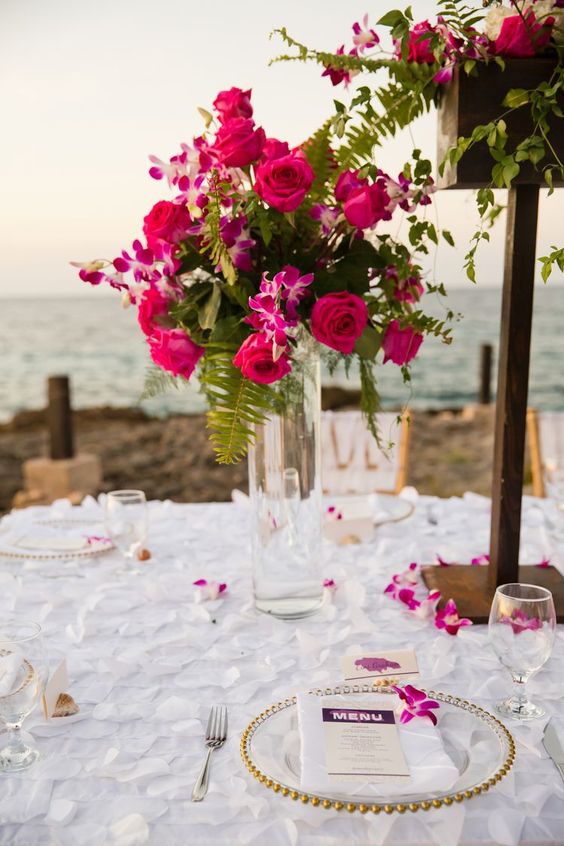White Table Cloth Fuchsia Centerpieces for Fuchsia and White Beach Wedding Color Combos 2024