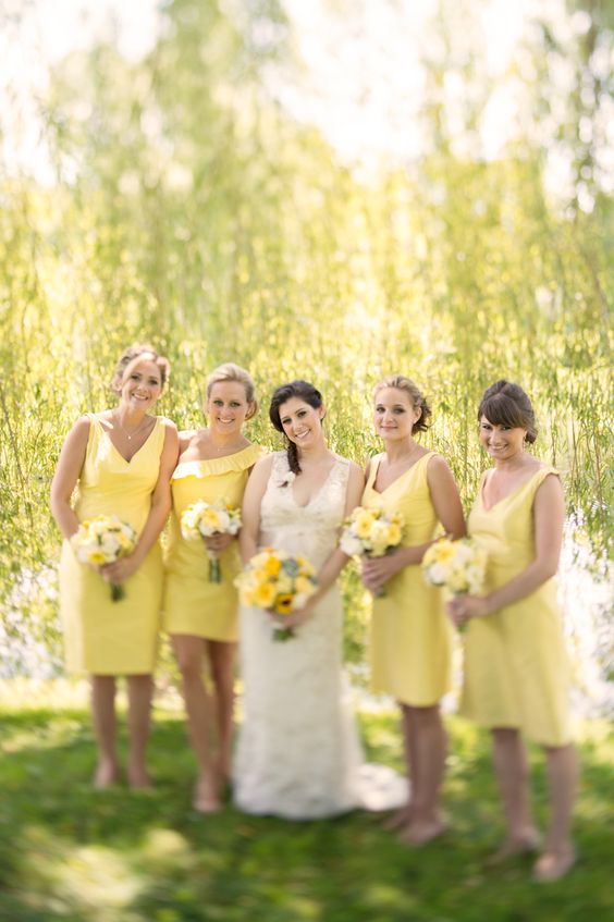 Yellow, Light Grey and White August Wedding Color Palettes 2024, Yellow Bridesmaid Dresses, Light Grey Groom Suit
