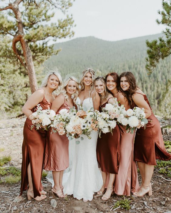 Brown, Dusty Rose and Cream August Wedding Color Palettes 2024, Mismatched Brown and Dusty Rose Bridesmaid Dresses