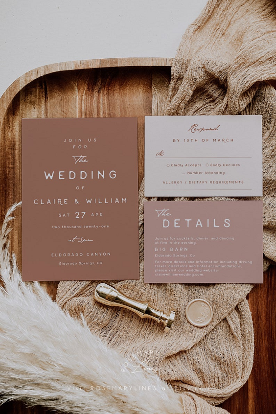 Wedding Invitations for Brown, Dusty Rose and Cream August Wedding Color Palettes 2024