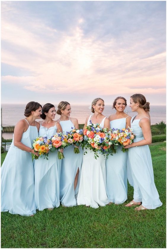Blue and Orange August Wedding Color Palettes 2024, Ice Blue Bridesmaid Dresses, Orange Wedding Bouquets