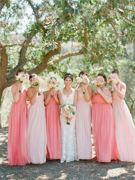 Coral, Blush and Gold August Wedding Color Palettes 2024, Mismatched Coral and Blush Bridesmaid Dresses, Blush Wedding Bouquets