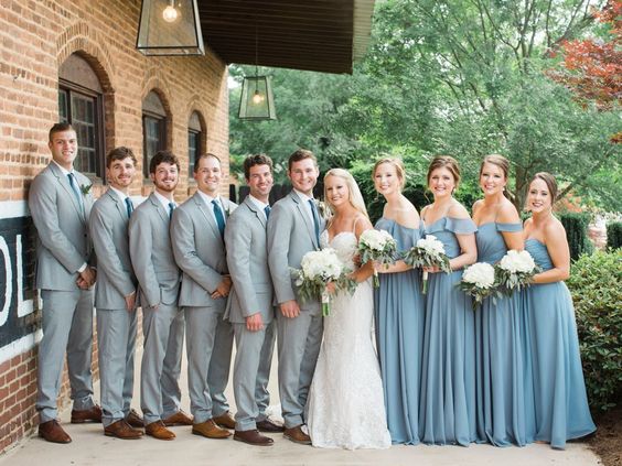 Dusty Blue and Light Grey August Wedding Color Palettes 2024, Dusty Blue Bridesmaid Dresses, Light Grey Groom Suit