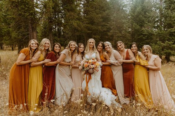 Terracotta, Yellow and Rust Wedding Color Combos 2024, Mismatched Terracotta, Yellow and Rust Bridesmaid Dresses, White Bridal Gown
