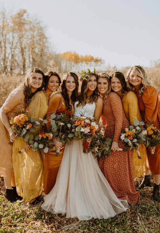 Terracotta, Yellow and Rust Wedding Color Combos 2024, Mismatched Terracotta, Yellow and Rust Bridesmaid Dresses, White Bridal Gown