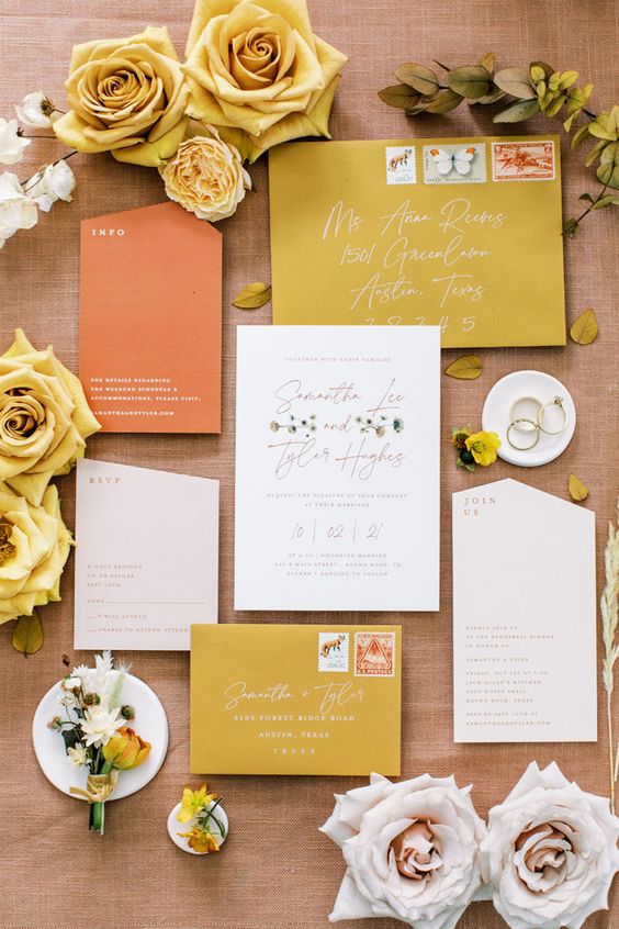 Wedding Invitations for Marigold, White and Terracotta November Wedding Color Palettes 2024