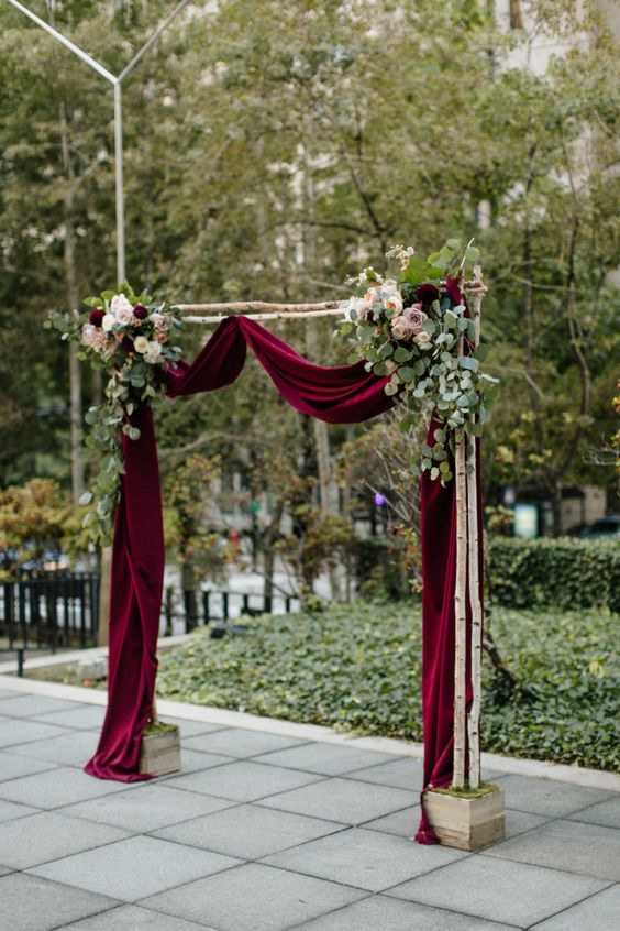 Wedding Ceremony Arch Decorations for Burgundy, Blush Pink and Gold November Wedding Color Palettes 2024