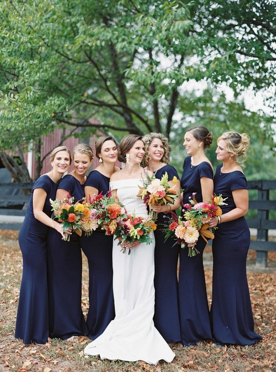 Navy Blue, Orange and Grey November Wedding Color Palettes 2024, Navy Blue Bridesmaid Dresses, Orange Bouquets