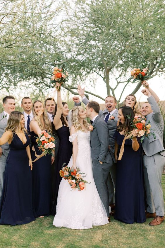 Grey Groom and Groomsmen Suits for Navy Blue, Orange and Grey November Wedding Color Palettes 2024