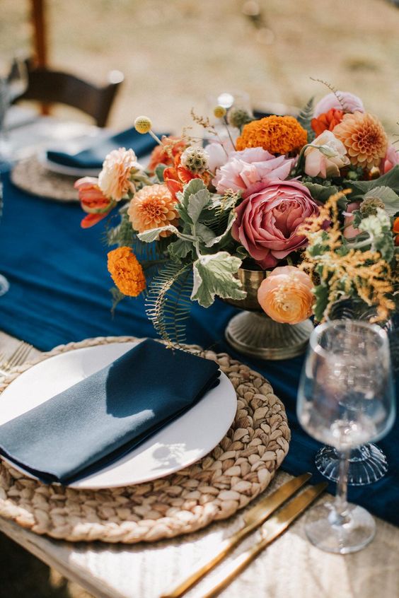 Wedding Table Decorations for Navy Blue, Orange and Grey November Wedding Color Palettes 2024