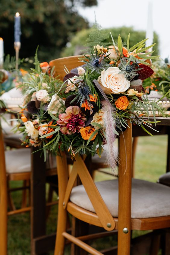 Wedding Chairs Decorations for Navy Blue, Orange and Grey November Wedding Color Palettes 2024