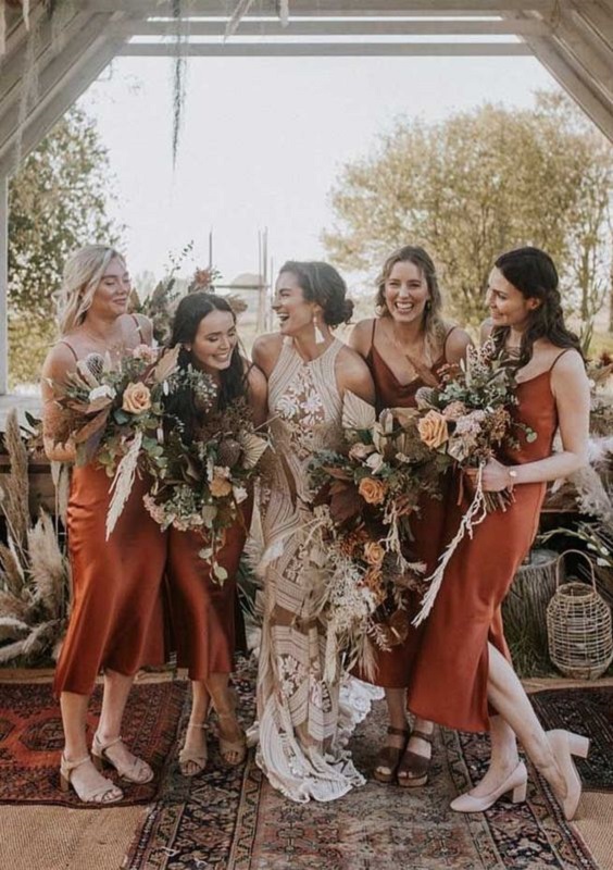Rust Bridesmaid Dresses for Rust, Dark Teal and Greenery November Wedding Color Palettes 2024