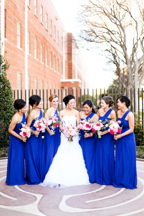 royal blue bridesmaid dresses white bridal gown light pink and pink bouquets for royal blue wedding colors 2024 royal blue and light pink