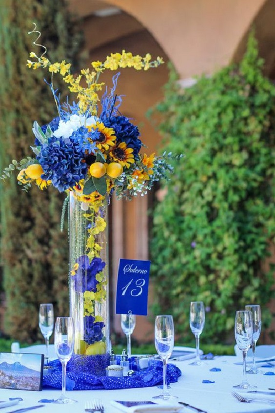 royal blue and yellow flower wedding centerpieces and royal blue wedding table number card for royal blue wedding colors 2024 royal and yellow