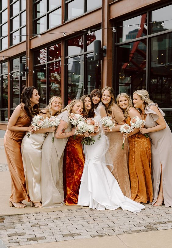 Champagne and Burnt Orange Wedding Color Combos 2024, Mismatched Champagne and Burnt Orange Bridesmaid Dresses, White Bridal Gown