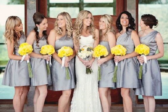 Yellow and Grey Wedding Color Palettes 2024, Grey Bridesmaid Dresses, Yellow Wedding Bouquets