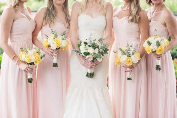 Yellow and Blush Wedding Color Palettes 2024, Blush Bridesmaid Dresses, Yellow and Blush Wedding Bouquets