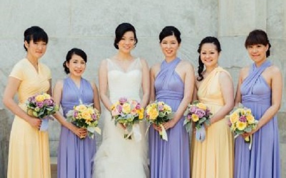 Yellow and Lavender Wedding Color Palettes 2024, Mismatched Yellow and Lavender Bridesmaid Dresses, Yellow and Lavender Wedding Bouquets