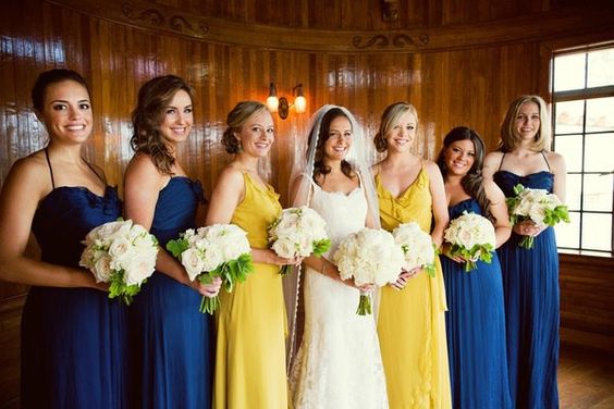 Yellow and Navy Blue Wedding Color Palettes 2024, Mismatched Yellow and Navy Blue Bridesmaid Dresses, Yellow Wedding Bouquets