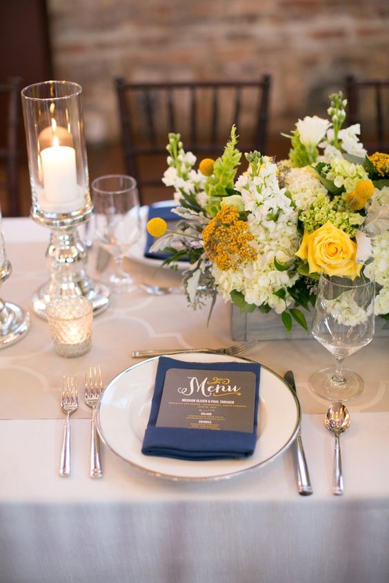Yellow Table Centerpieces Navy Blue Napkins for Yellow and Navy Blue Wedding Color Palettes 2024