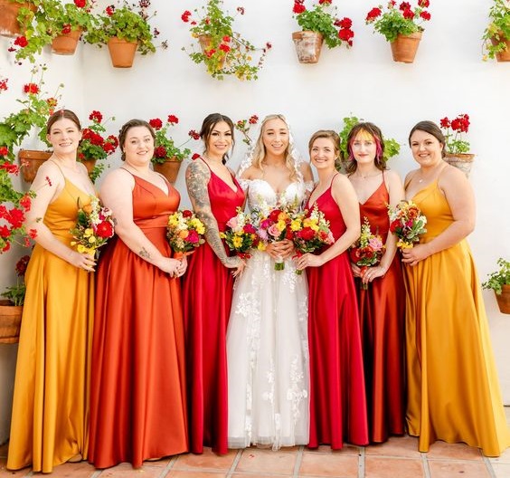 Yellow and Red Wedding Color Palettes 2024, Mismatched Yellow and Red Bridesmaid Dresses, Yellow and Red Wedding Bouquets