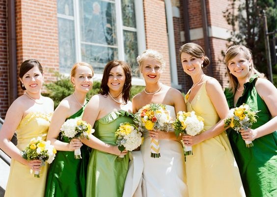 Yellow and Green Wedding Color Palettes 2024, Mismatched Yellow and Green Bridesmaid Dresses, Yellow and Green Wedding Invitations