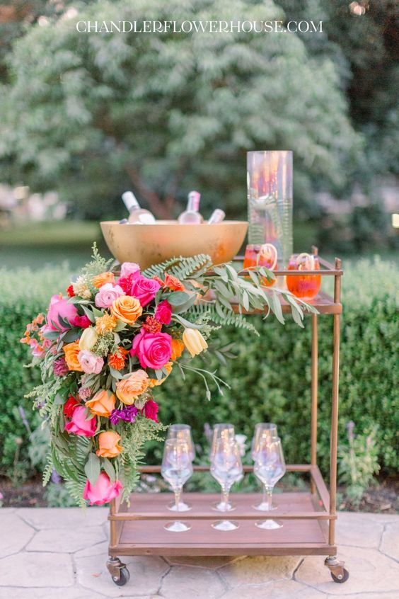 Wedding Drink Cart for Yellow and Hot Pink Wedding Color Palettes 2024