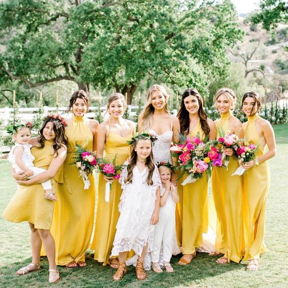 Yellow and Hot Pink Wedding Color Palettes 2024, Yellow Bridesmaid Dresses, Hot Pink Wedding Bouquets