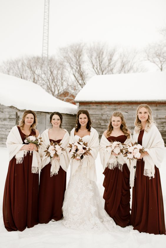 burgundy bridesmaid dresses white shawls white bridal gown for december wedding colors 2024 burgundy navy and green