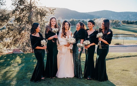emerald green bridesmaid dresses black shawls white bridal gown for december wedding colors 2024 emerald green black and gold