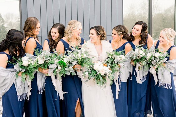 navy blue bridesmaid dresses grey shawls white bridal gown for december wedding colors 2024 navy blue and grey