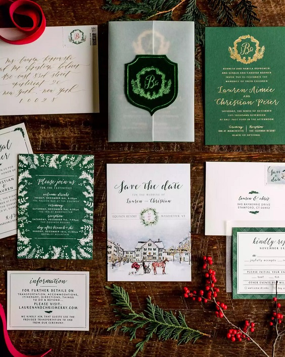 wedding invitation with green cover for december wedding colors 2024 red green white