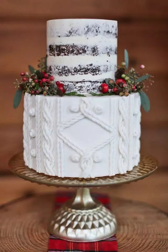 white wedding cake dotted with red berry for december wedding colors 2024 red green white