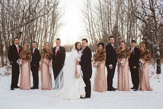 rose gold bridesmaid dresses brown shawls and black groomsmen suits pink ties for december wedding colors 2024 rose gold brown and pink