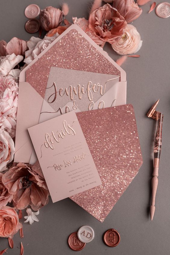 rose gold wedding invitation for december wedding colors 2024 rose gold brown and pink