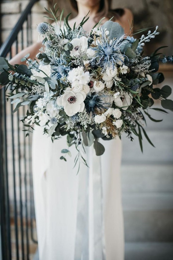 dusty blue and white flowers and greenery bridal bouquets for december wedding colors 2024 shades of blue