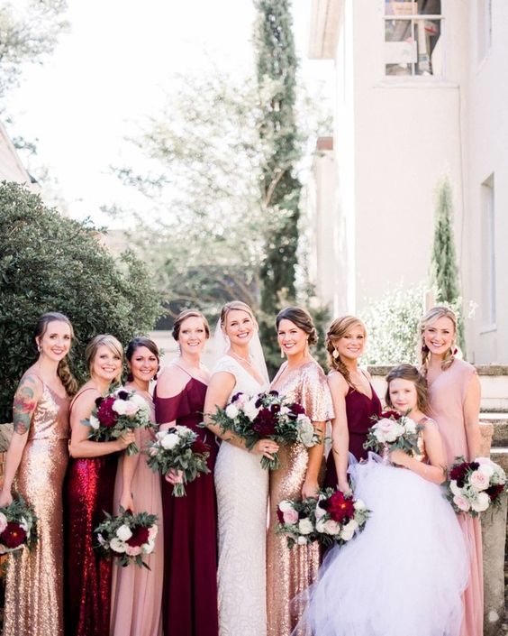 Maroon, Blush and Gold Wedding Color Combos 2024, Maroon  Bridesmaid Dresses, Maroon and Blush Bouquets