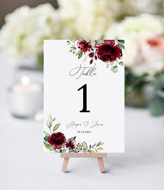 Table Numbers for Maroon and Light Grey Wedding Color Combos 2024