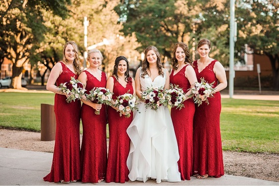 Red and White Wedding Color Combinations 2024, Red Bridesmaid Dresses, White Bridal Gown