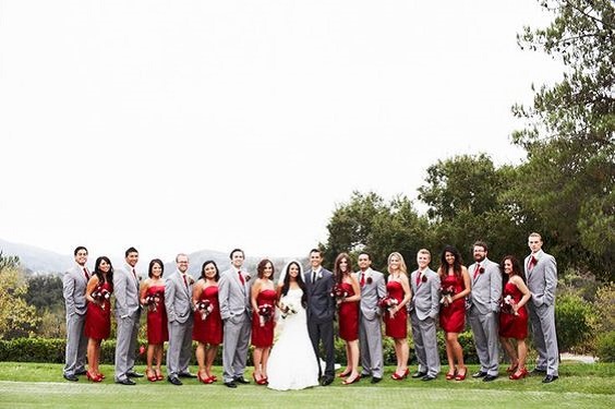 Red and Grey Wedding Color Combinations 2024, Red Bridesmaid Dresses, Light Grey Groom Suit