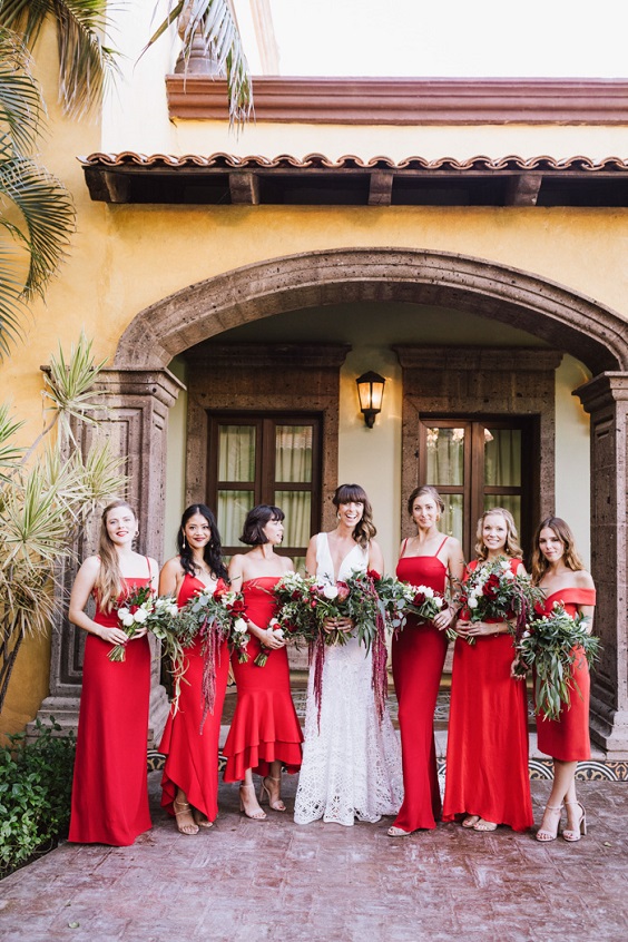 Red and Greenery Wedding Color Combinations 2024, Red Bridesmaid Dresses, Greenery Wedding Bouquets