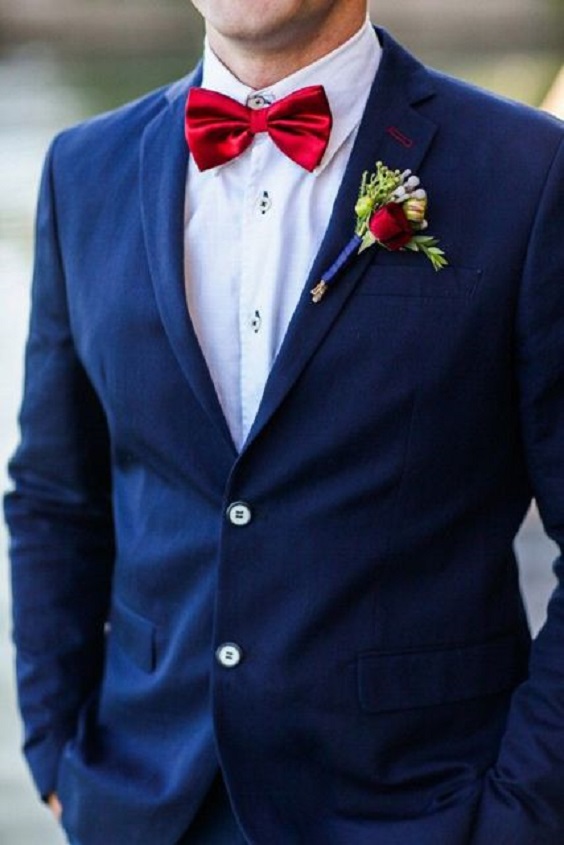 Navy Blue Groom Suit Red Tie for Red and Navy Blue Wedding Color Combinations 2024