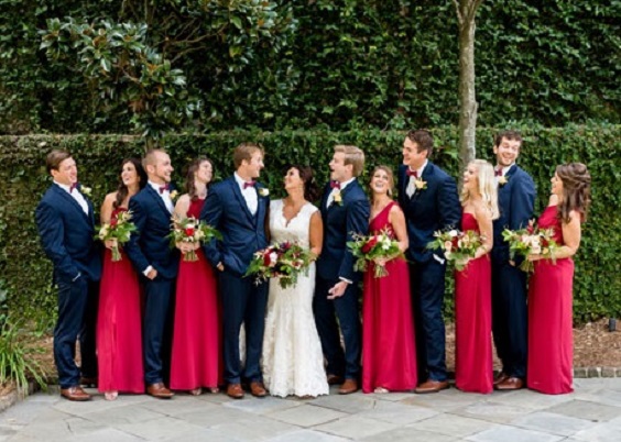 Red and Navy Blue Wedding Color Combinations 2024, Red Bridesmaid Dresses, Navy Blue Groom Suit