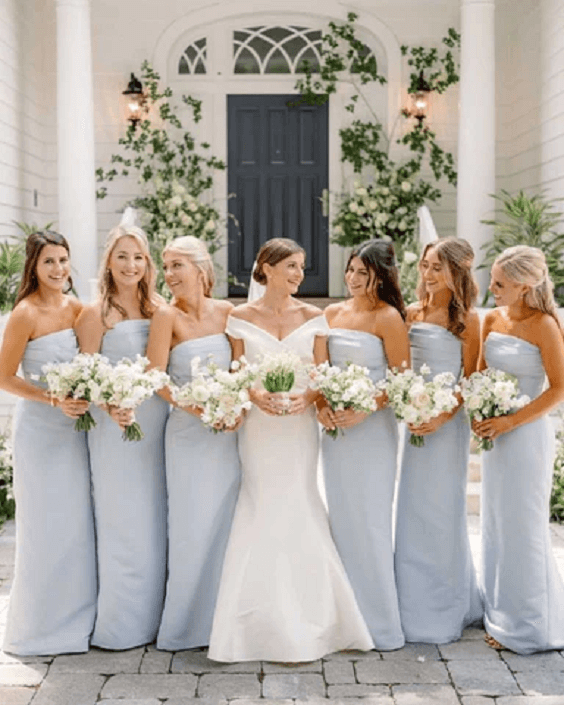 ice blue bridesmaid dresses and white bridal gown for march wedding colors combos for 2024 ice blue and white