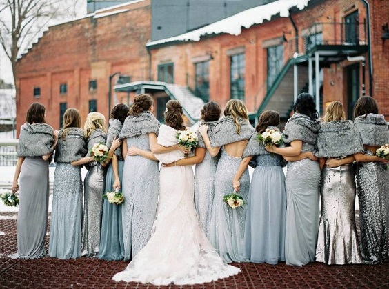 Dusty Blue and Silver Grey February Wedding Color Palettes 2024, Mismatched Bridesmaid Dresses of Dusty Blue and Silver Grey, White Bridal Gown