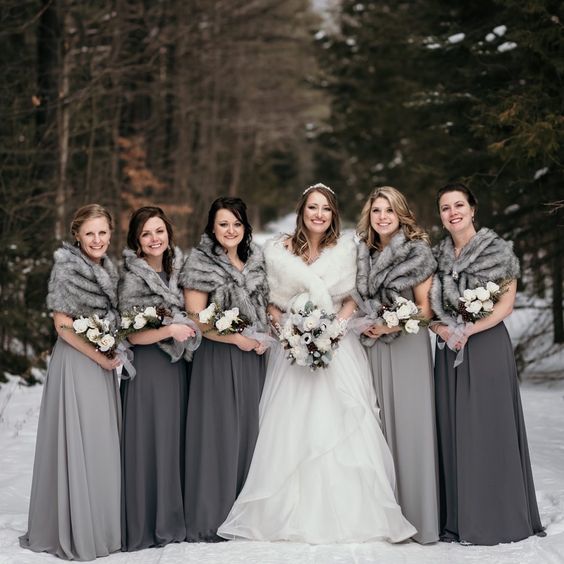 Shades of Grey and White February Wedding Color Palettes 2024, Grey Bridesmaid Dresses in Different Shades, White Bridal Gown