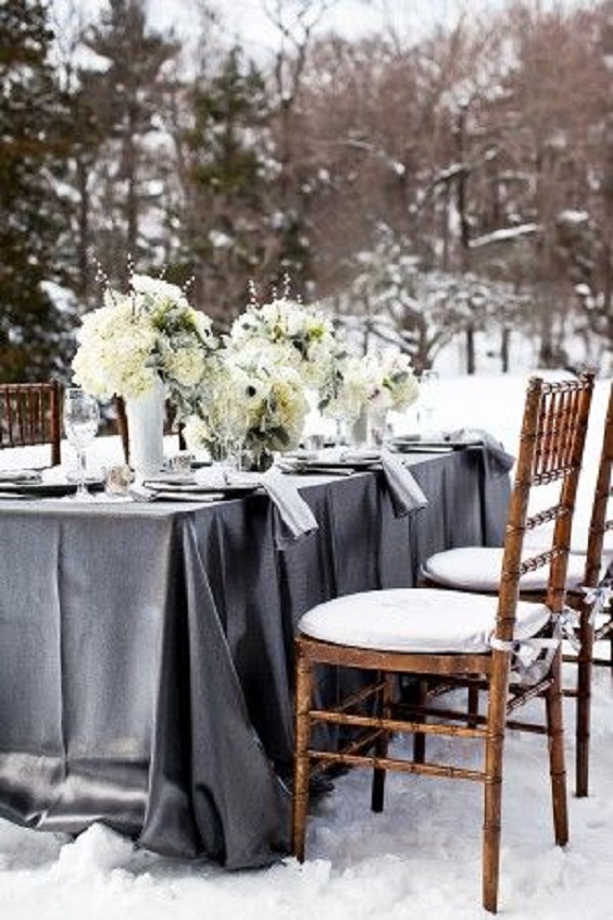 Grey Table Clot White Centerpieces for Shades of Grey and White February Wedding Color Palettes 2024