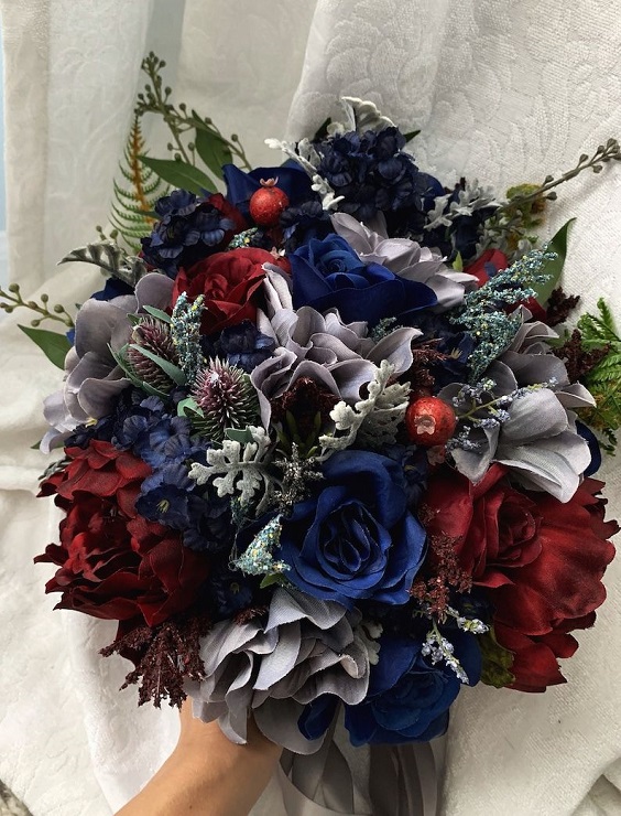 Bridal Boquet for Navy Blue, Grey and Burgundy February Wedding Color Palettes 2024